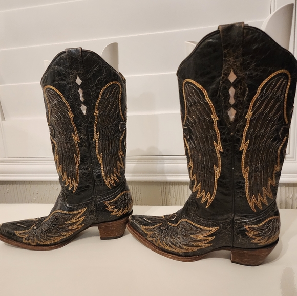 Corral Vintage Cross & Wings Snip Toe Cowboy Boots Women's Sz 7 Black Western - Picture 4 of 8